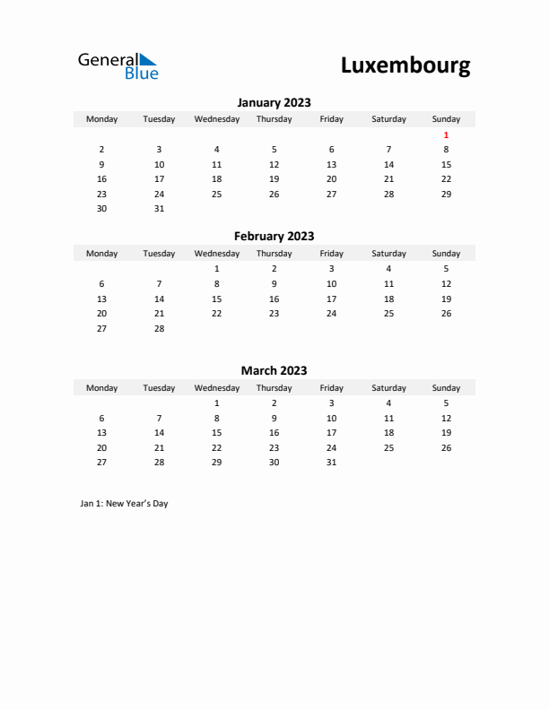 Printable Quarterly Calendar with Notes and Luxembourg Holidays- Q1 of 2023