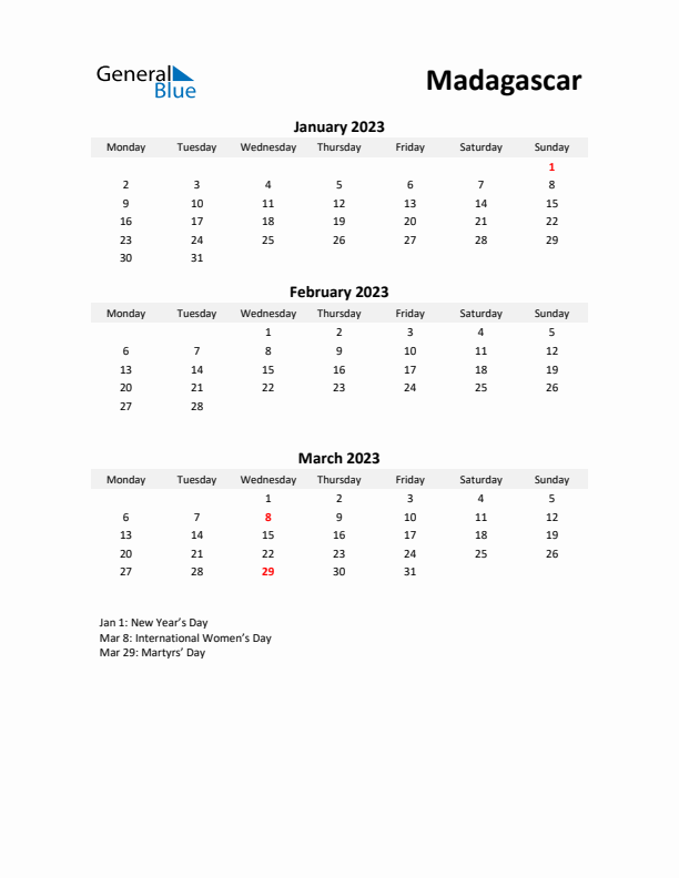 Printable Quarterly Calendar with Notes and Madagascar Holidays- Q1 of 2023