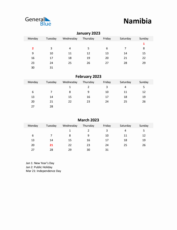 Printable Quarterly Calendar with Notes and Namibia Holidays- Q1 of 2023