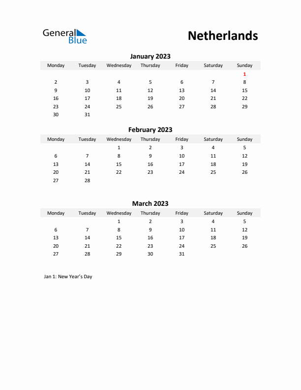 Printable Quarterly Calendar with Notes and The Netherlands Holidays- Q1 of 2023