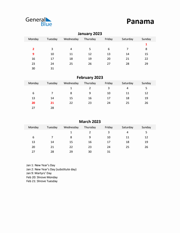 Printable Quarterly Calendar with Notes and Panama Holidays- Q1 of 2023