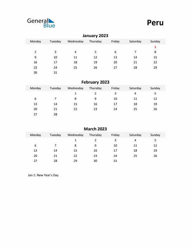 Printable Quarterly Calendar with Notes and Peru Holidays- Q1 of 2023