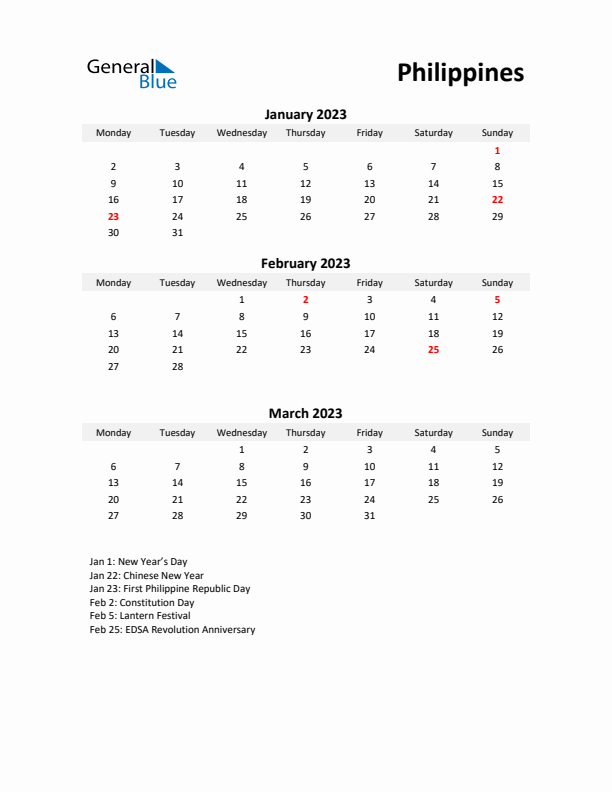 Printable Quarterly Calendar with Notes and Philippines Holidays- Q1 of 2023