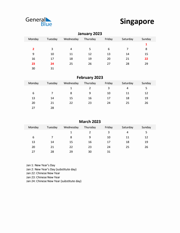 Printable Quarterly Calendar with Notes and Singapore Holidays- Q1 of 2023