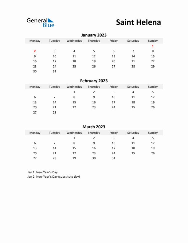 Printable Quarterly Calendar with Notes and Saint Helena Holidays- Q1 of 2023