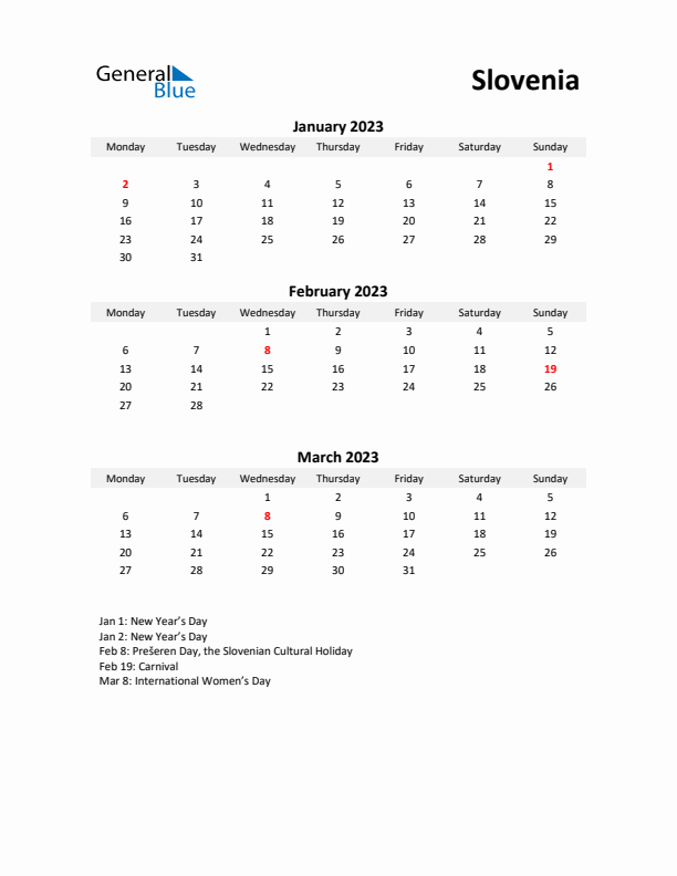 Printable Quarterly Calendar with Notes and Slovenia Holidays- Q1 of 2023