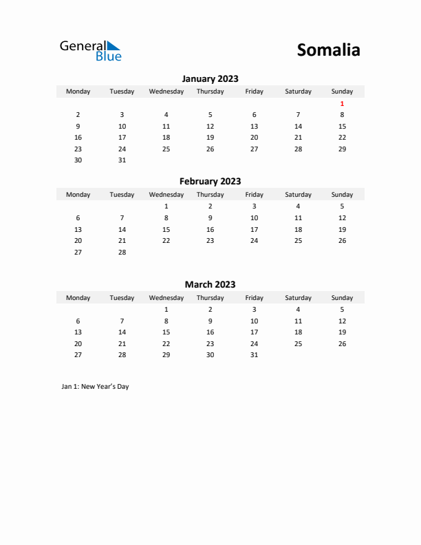 Printable Quarterly Calendar with Notes and Somalia Holidays- Q1 of 2023