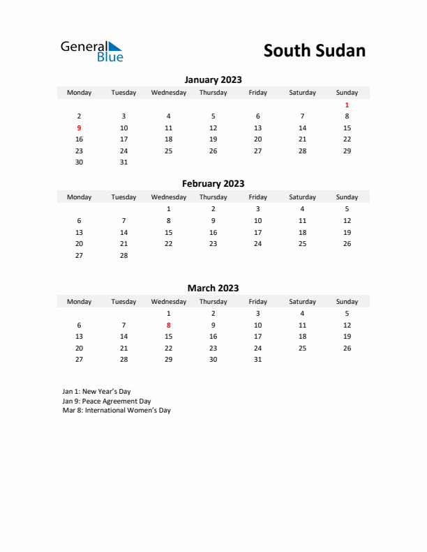 Printable Quarterly Calendar with Notes and South Sudan Holidays- Q1 of 2023