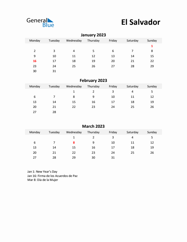 Printable Quarterly Calendar with Notes and El Salvador Holidays- Q1 of 2023