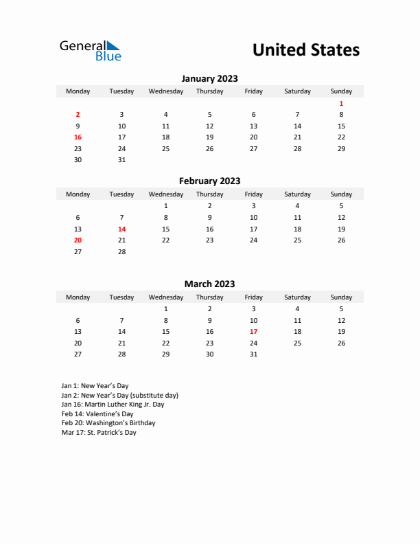 Printable Quarterly Calendar with Notes and United States Holidays- Q1 of 2023