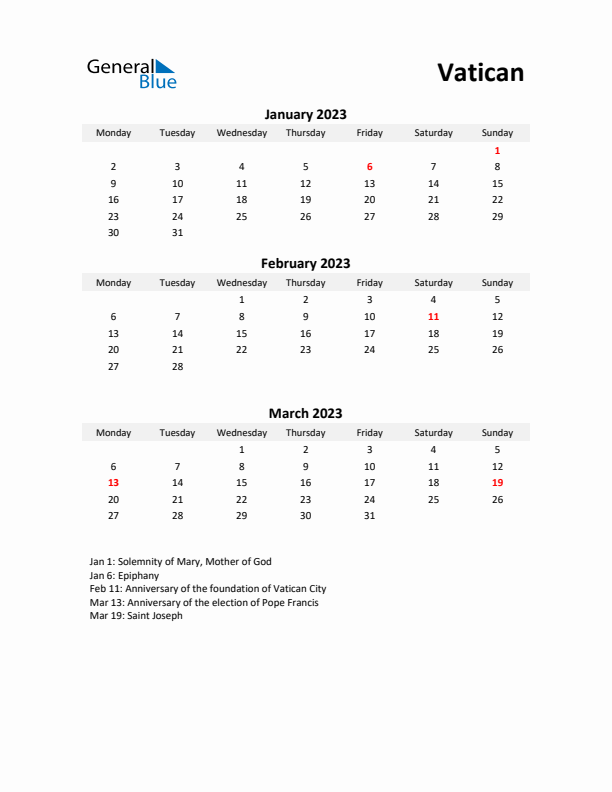 Printable Quarterly Calendar with Notes and Vatican Holidays- Q1 of 2023