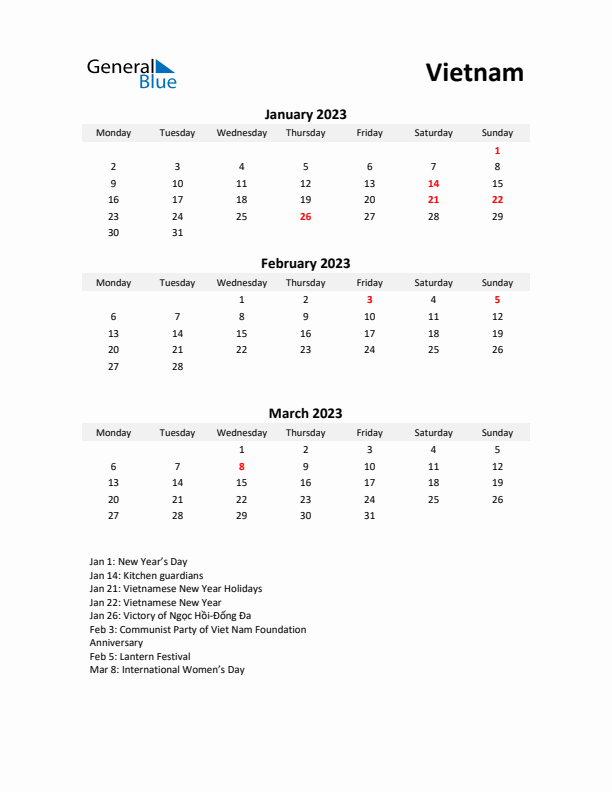 Printable Quarterly Calendar with Notes and Vietnam Holidays- Q1 of 2023