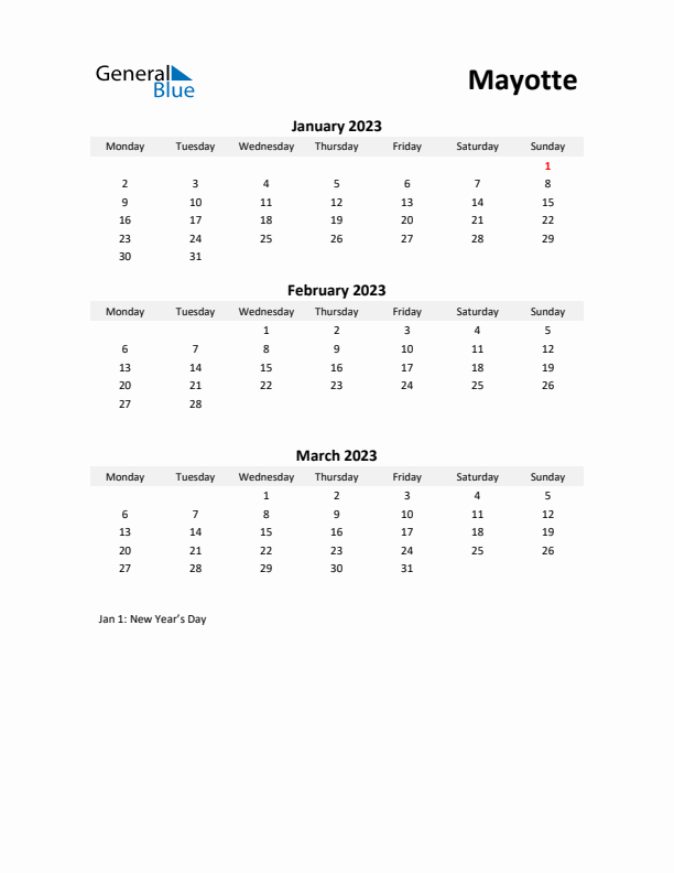 Printable Quarterly Calendar with Notes and Mayotte Holidays- Q1 of 2023