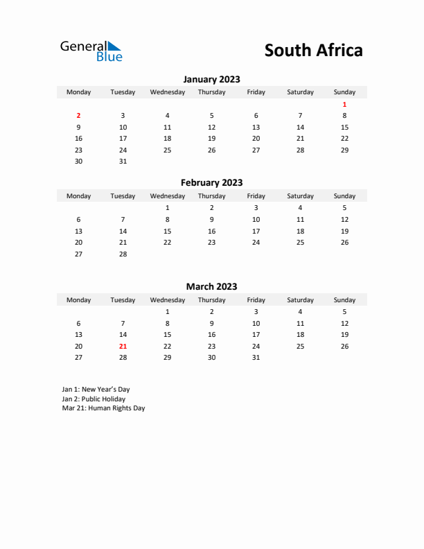 Printable Quarterly Calendar with Notes and South Africa Holidays- Q1 of 2023