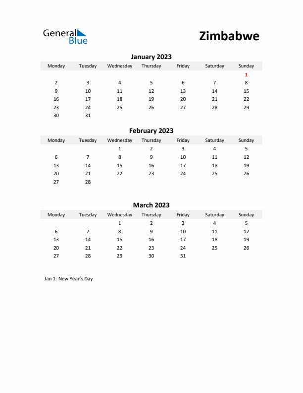 Printable Quarterly Calendar with Notes and Zimbabwe Holidays- Q1 of 2023