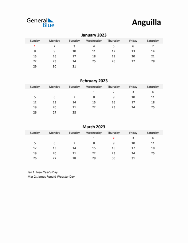 Printable Quarterly Calendar with Notes and Anguilla Holidays- Q1 of 2023