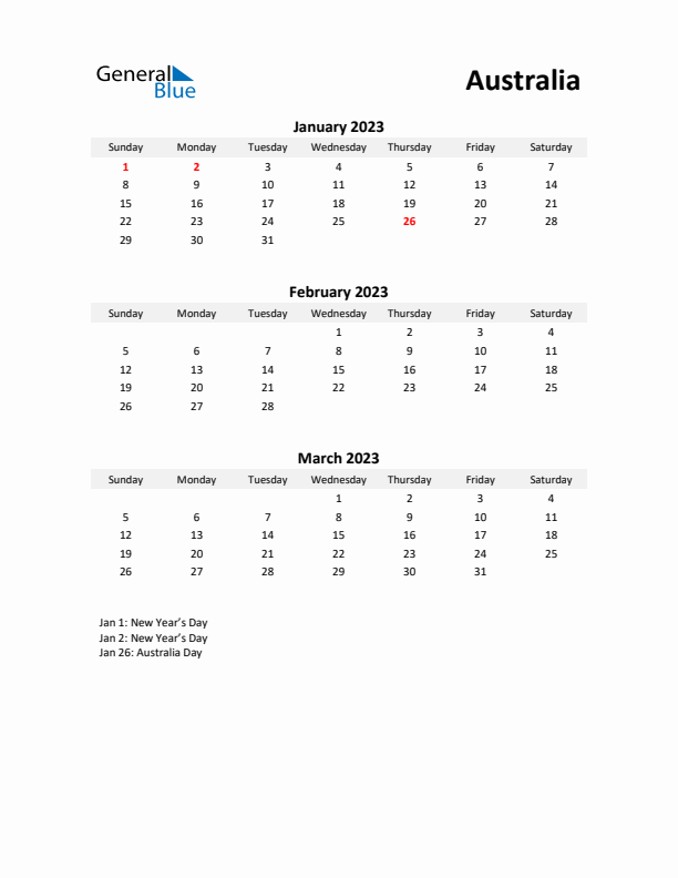 Printable Quarterly Calendar with Notes and Australia Holidays- Q1 of 2023