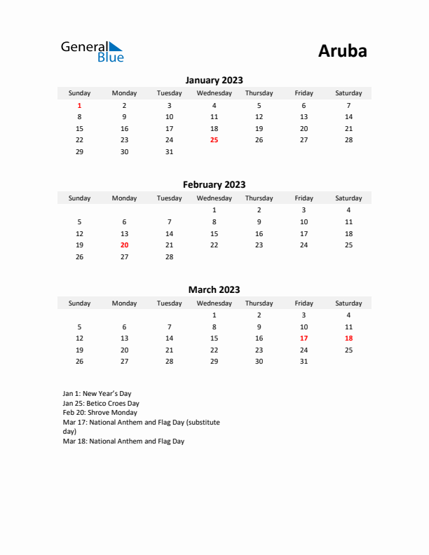 Printable Quarterly Calendar with Notes and Aruba Holidays- Q1 of 2023