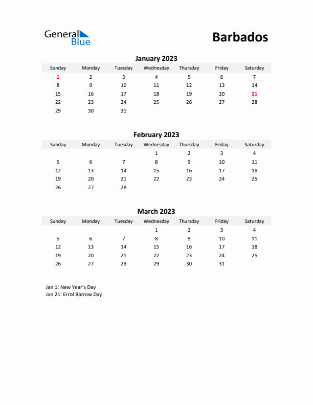 Printable Quarterly Calendar with Notes and Barbados Holidays- Q1 of 2023