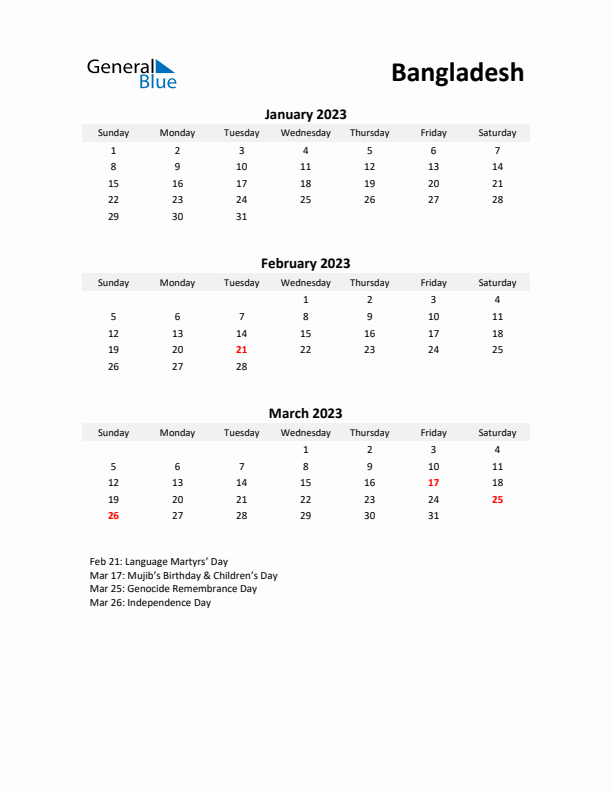 Printable Quarterly Calendar with Notes and Bangladesh Holidays- Q1 of 2023