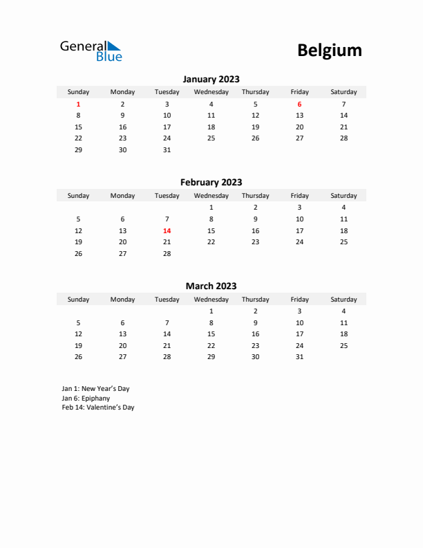 Printable Quarterly Calendar with Notes and Belgium Holidays- Q1 of 2023