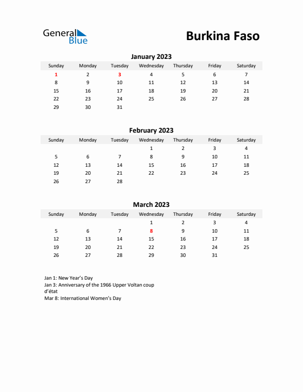 Printable Quarterly Calendar with Notes and Burkina Faso Holidays- Q1 of 2023