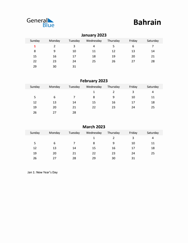 Printable Quarterly Calendar with Notes and Bahrain Holidays- Q1 of 2023