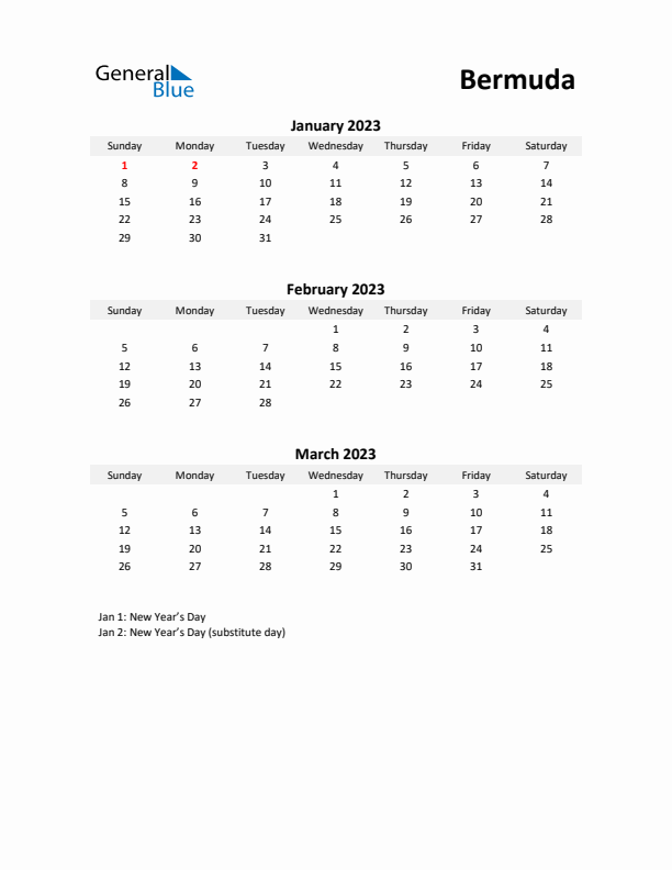 Printable Quarterly Calendar with Notes and Bermuda Holidays- Q1 of 2023