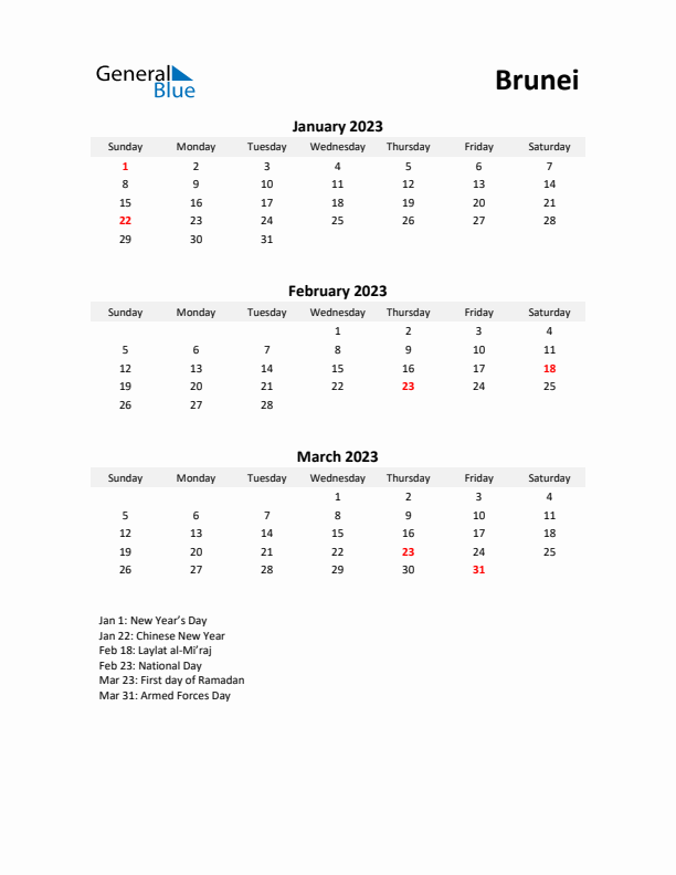 Printable Quarterly Calendar with Notes and Brunei Holidays- Q1 of 2023