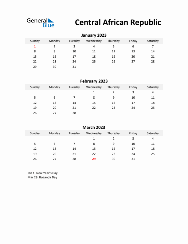 Printable Quarterly Calendar with Notes and Central African Republic Holidays- Q1 of 2023