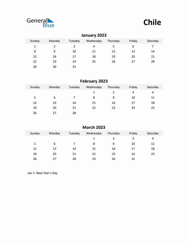 Printable Quarterly Calendar with Notes and Chile Holidays- Q1 of 2023