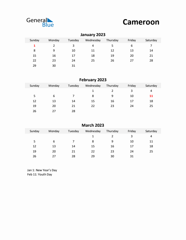 Printable Quarterly Calendar with Notes and Cameroon Holidays- Q1 of 2023