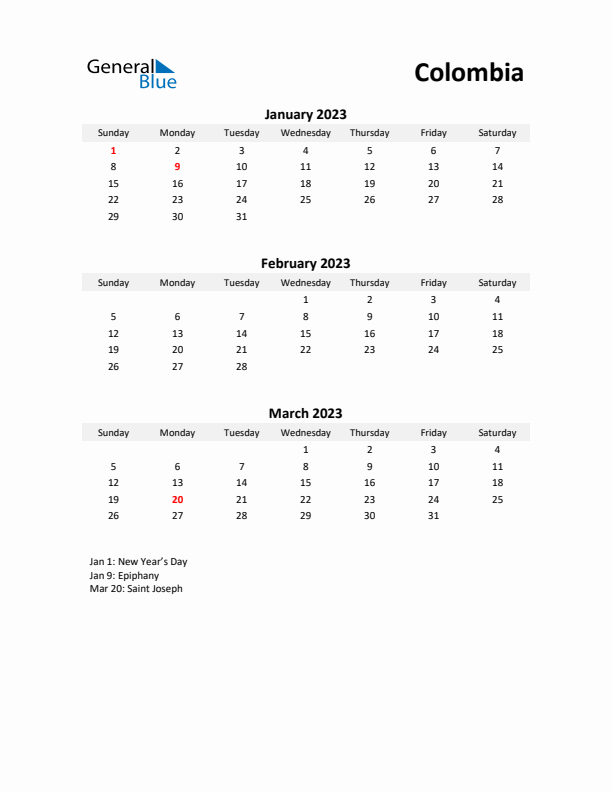 Printable Quarterly Calendar with Notes and Colombia Holidays- Q1 of 2023