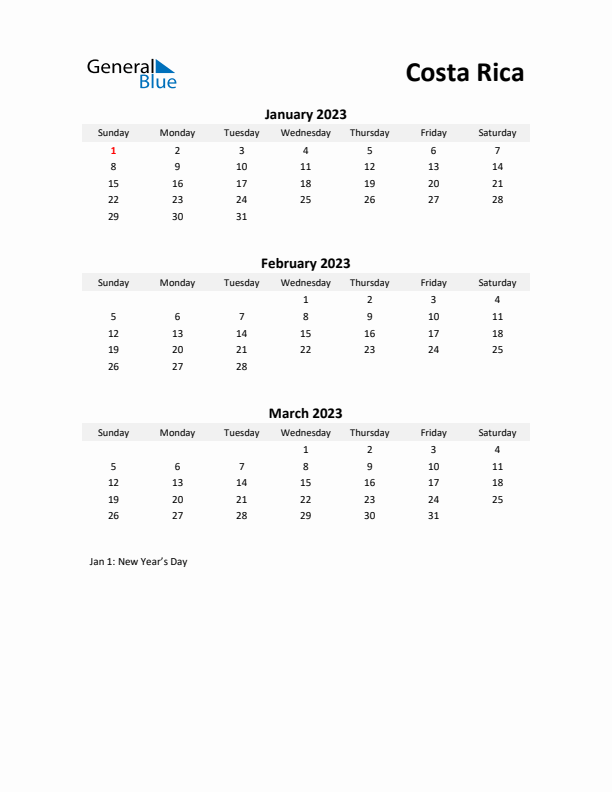 Printable Quarterly Calendar with Notes and Costa Rica Holidays- Q1 of 2023