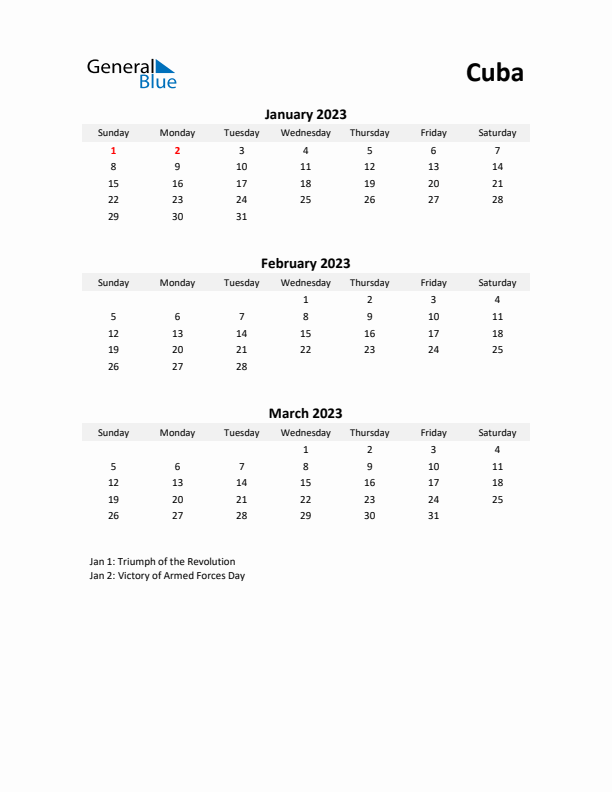 Printable Quarterly Calendar with Notes and Cuba Holidays- Q1 of 2023