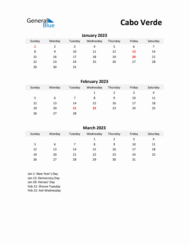 Printable Quarterly Calendar with Notes and Cabo Verde Holidays- Q1 of 2023