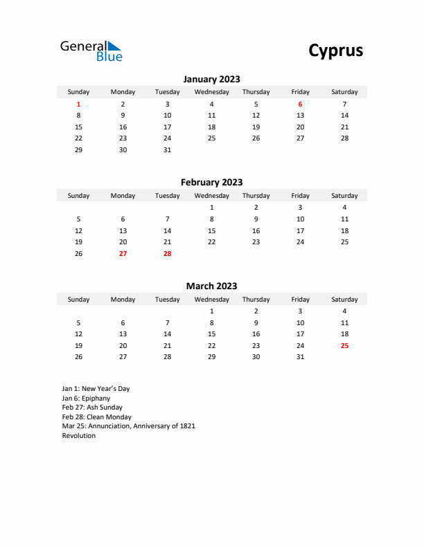 Printable Quarterly Calendar with Notes and Cyprus Holidays- Q1 of 2023