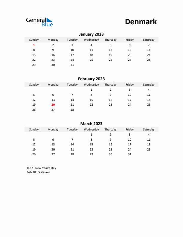 Printable Quarterly Calendar with Notes and Denmark Holidays- Q1 of 2023