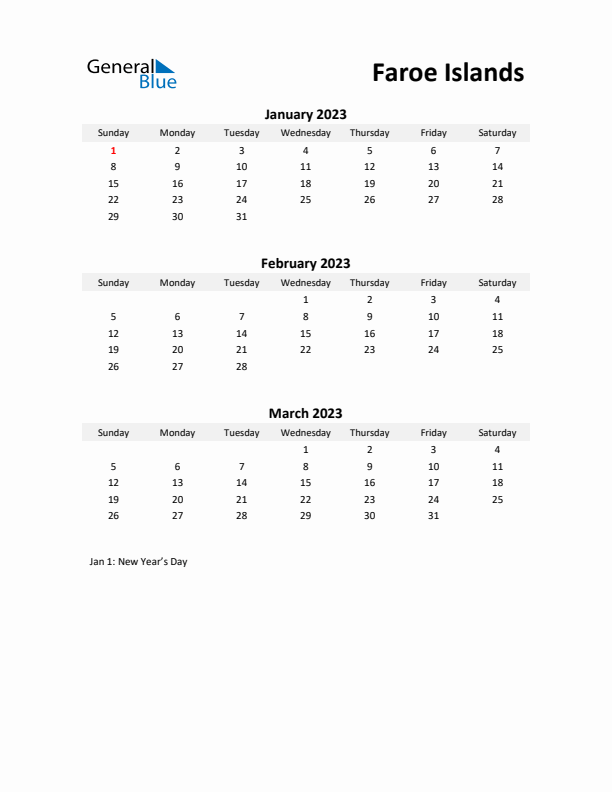 Printable Quarterly Calendar with Notes and Faroe Islands Holidays- Q1 of 2023