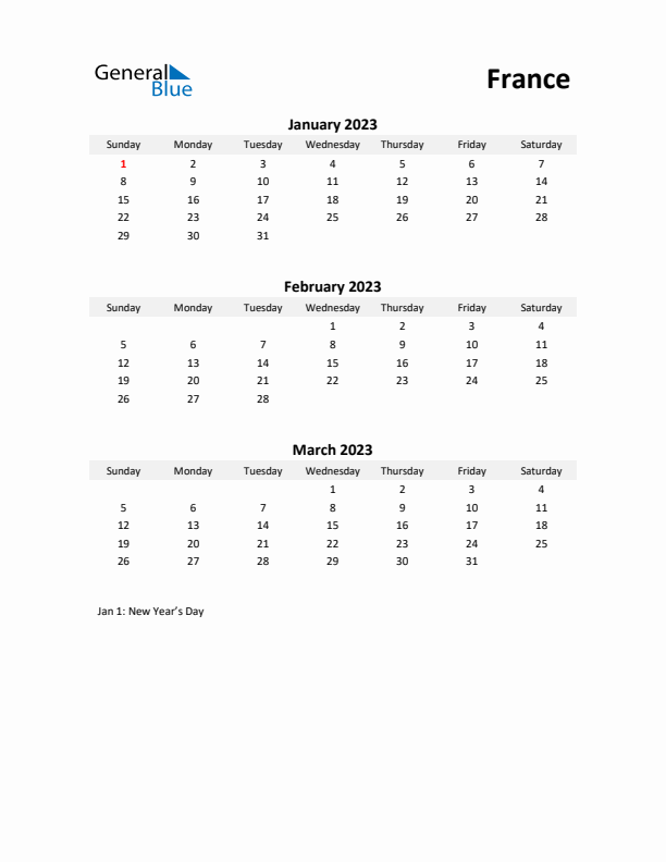 Printable Quarterly Calendar with Notes and France Holidays- Q1 of 2023