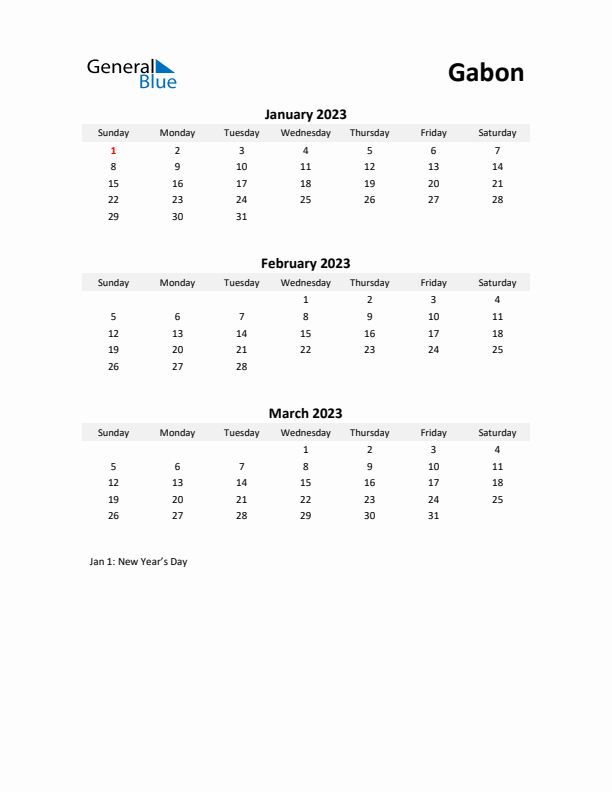 Printable Quarterly Calendar with Notes and Gabon Holidays- Q1 of 2023