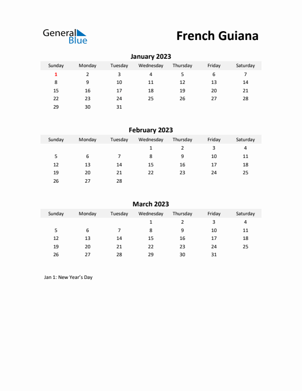 Printable Quarterly Calendar with Notes and French Guiana Holidays- Q1 of 2023