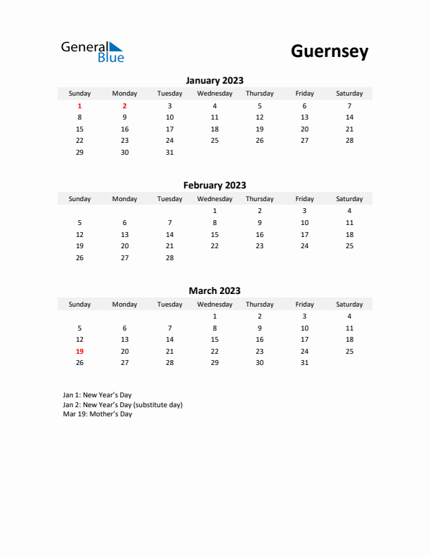 Printable Quarterly Calendar with Notes and Guernsey Holidays- Q1 of 2023