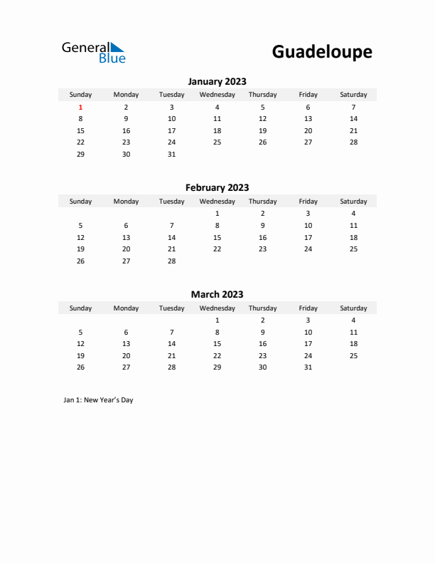 Printable Quarterly Calendar with Notes and Guadeloupe Holidays- Q1 of 2023