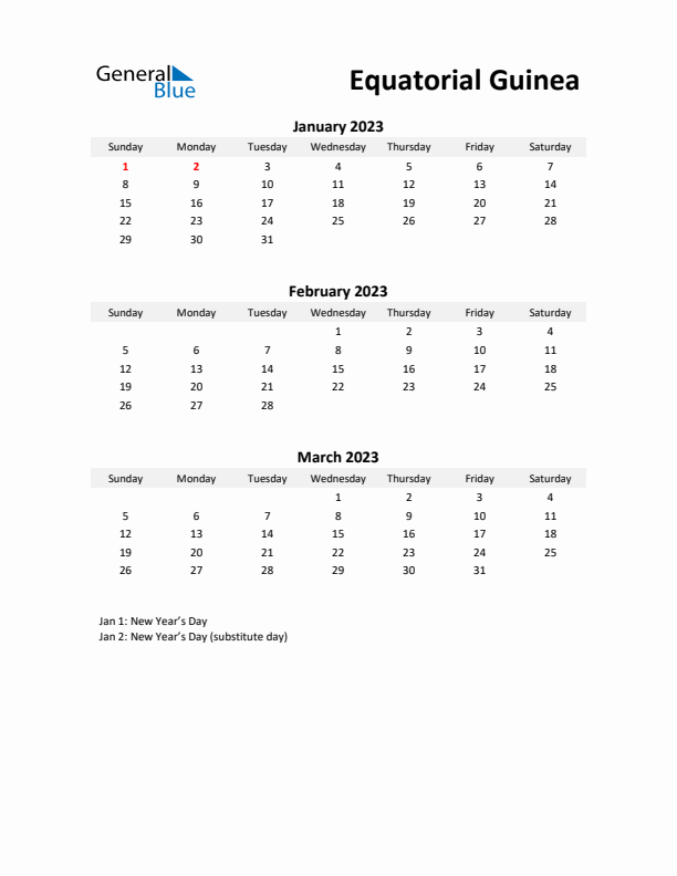 Printable Quarterly Calendar with Notes and Equatorial Guinea Holidays- Q1 of 2023