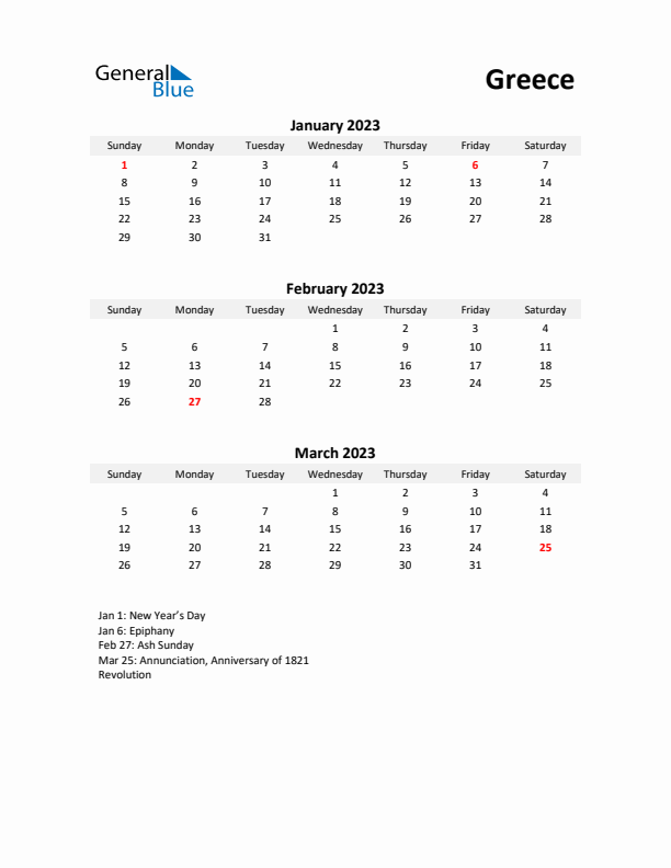 Printable Quarterly Calendar with Notes and Greece Holidays- Q1 of 2023