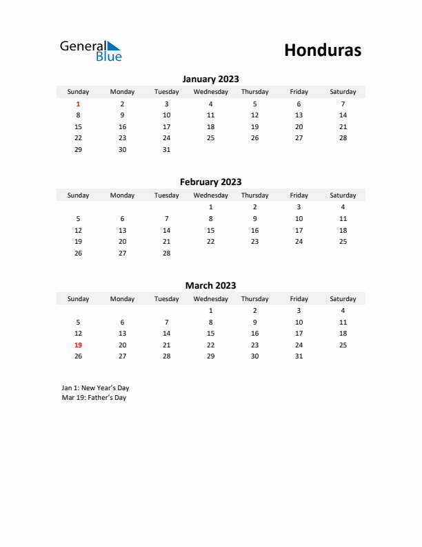 Printable Quarterly Calendar with Notes and Honduras Holidays- Q1 of 2023