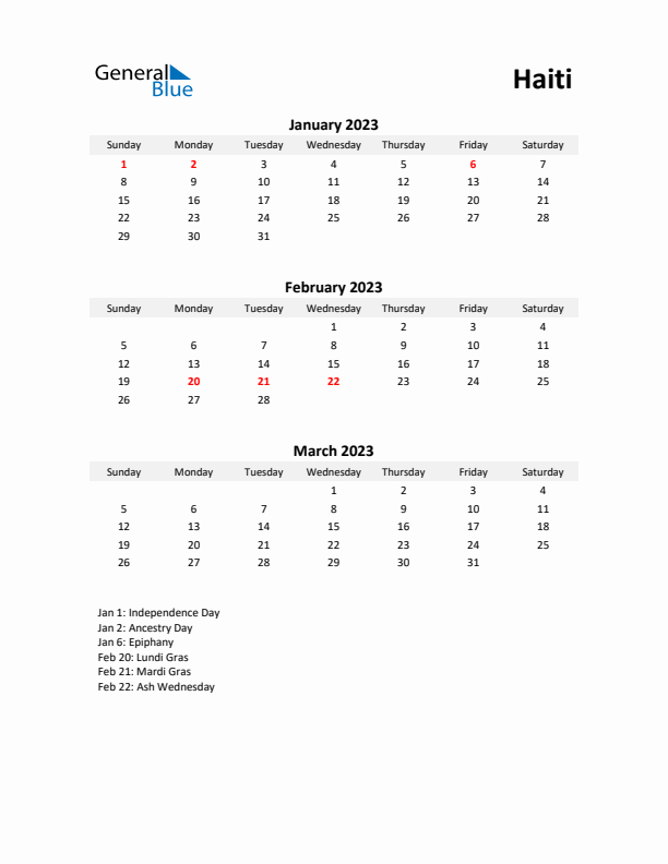 Printable Quarterly Calendar with Notes and Haiti Holidays- Q1 of 2023