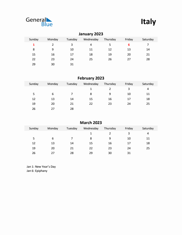 Printable Quarterly Calendar with Notes and Italy Holidays- Q1 of 2023