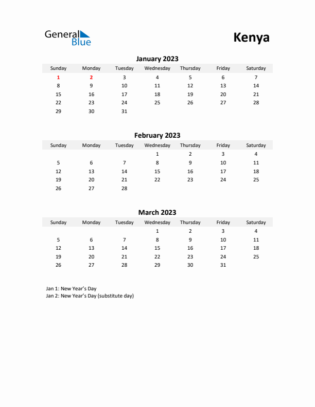 Printable Quarterly Calendar with Notes and Kenya Holidays- Q1 of 2023